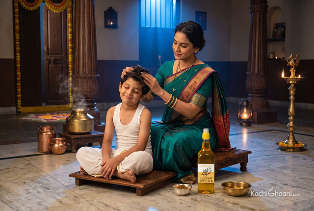Mother massaging warm sesame oil into her son's hair before sunrise for abhyanga snan, with a silver bowl of utane beside them