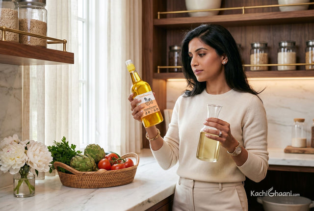 Are seed oils bad for you? An Indian-American woman compares a cold pressed safflower oil bottle with refined oil in her pantry