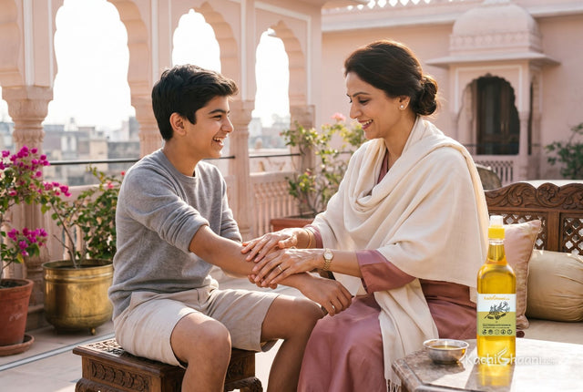 Mother massaging sesame oil onto her son's arms on a sunny Jaipur terrace, the best body oil for winter beside a silver katori
