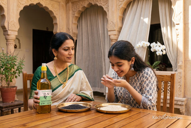 Black sesame vs white sesame: a mother sorts both seeds onto brass plates as her daughter smells them, holding black sesame oil