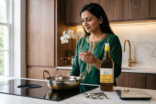 Woman holding a level spoon of mustard oil over a kadhai beside the bottle, checking the calories in 1 tbsp oil