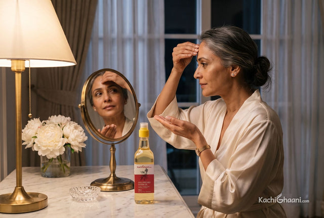 Woman in her late forties using castor oil for face care, pressing a diluted drop onto her forehead at a marble dressing table
