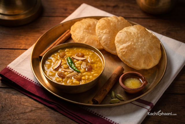Golden chana dal with fried coconut slivers and raisins, served in a small brass katori