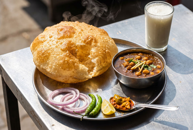Chole Bhature, one huge golden bhatura still ballooned and blistered, torn open at the edge with steam escaping