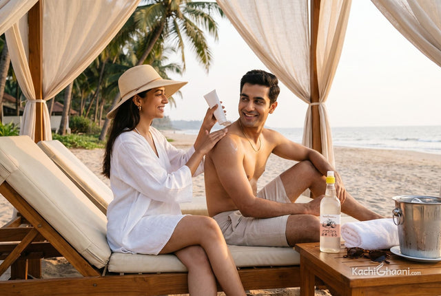 Woman smoothing sunscreen onto her partner's shoulders on a Goa beach, a coconut oil bottle beside them: does coconut oil help sunburn?