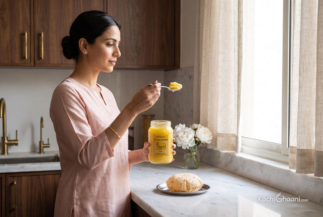 Woman lifting a spoonful of danedar ghee with clear grains from a jar held up to the window light, a hot phulka beside her