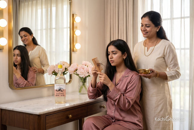 Student at a dressing table looking at hair on her comb as her mother holds warm oil: does oiling cause hair fall?