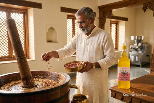 Master presser feeding groundnuts into a slow wooden ghaani as oil runs into a brass pot, a steel expeller behind him: expeller pressed vs cold pressed