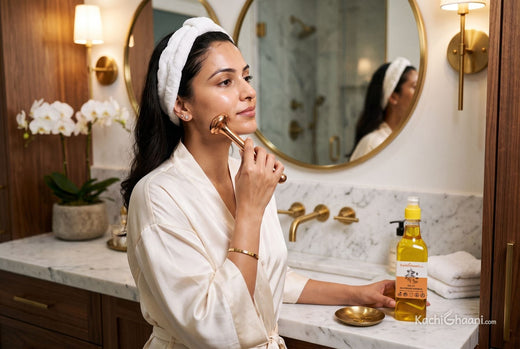 Woman gliding a kansa wand along her cheekbone at a marble vanity, giving herself a face massage with oil the Ayurvedic way