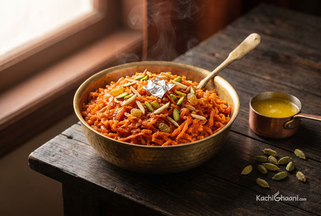 Deep red carrot halwa topped with pistachios and almonds, piled in a brass bowl