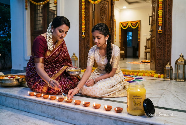 Mother spooning A2 ghee into a clay ghee diya on marble haveli steps at dusk as her daughter sets a wick by a row of lit diyas