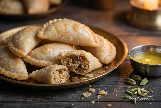 Gujiya, a pile of pale wheat-gold half-moon pastries with a twisted rope edge and a finely blistered surface