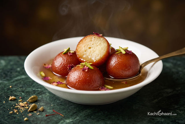 Gulab Jamun, four deep reddish-brown glossy spheres half submerged in clear amber cardamom syrup in a shallow white