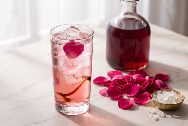 Gulab Sharbat, a tall glass of rose sharbat on a pale marble surface