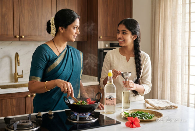 Tamil mother frying curry leaves and hibiscus in oil while her daughter readies a glass bottle for their homemade hair oil