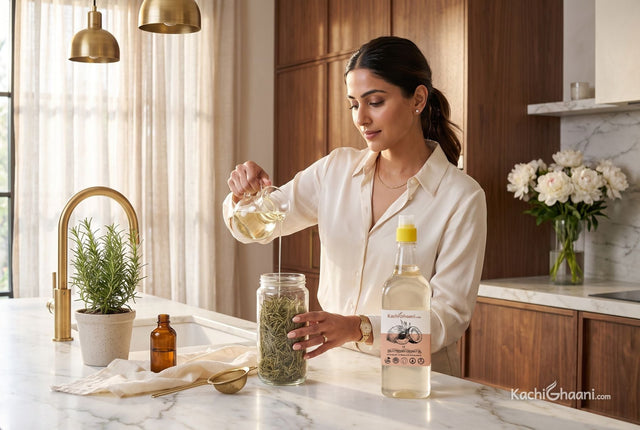Woman pouring coconut oil over dried rosemary in a glass jar in a marble kitchen, showing how to make rosemary oil at home
