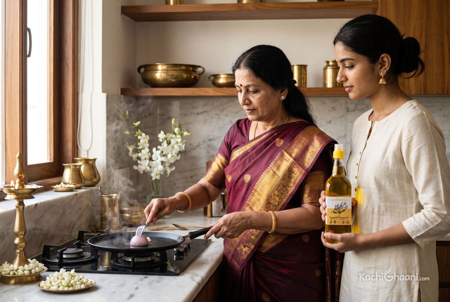 Grandmother rubbing a hot dosa tawa with half an onion on a fork, showing how to season a cast iron tawa with sesame oil