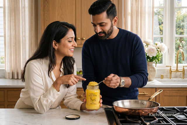 Is ghee dairy free? An Indian-American couple cook with A2 ghee from a glass jar in a bright San Francisco kitchen