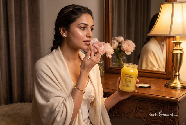 Is ghee good for face and lips? A woman smooths ghee onto her lips at her dressing table on a winter night, jar in hand