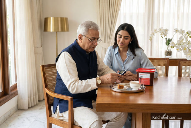 Is jaggery good for diabetes? A retired Indian man checks his blood sugar beside a piece of jaggery, a cup of chai and a jaggery tub