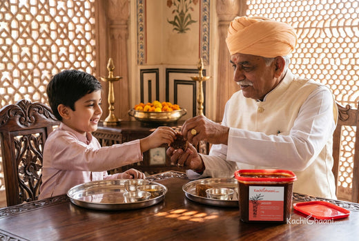 Rajasthani grandfather handing his grandson a piece of gur after lunch in a Jaipur haveli, a custom families link to jaggery benefits