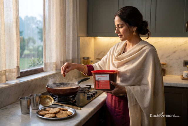 Punjabi woman switching off the flame and stirring jaggery into masala chai, the simple trick for smooth jaggery tea that does not curdle