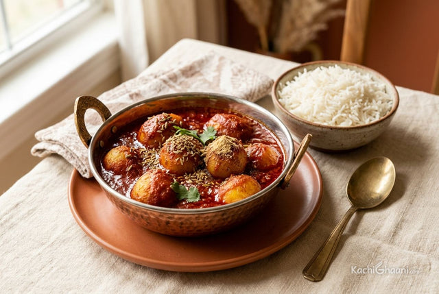 Kashmiri dum aloo, baby potatoes in a red gravy, served in a copper bowl with rice