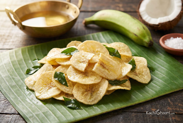 Kerala Banana Chips, a heap of wafer-thin pale straw-yellow Kerala banana chips