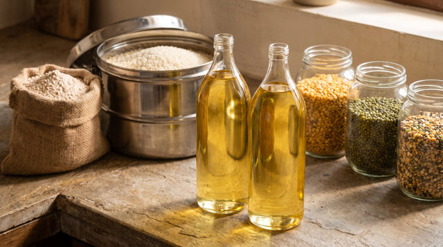 Two plain glass bottles of oil on a kitchen counter beside a steel canister of rice and glass jars of dal.