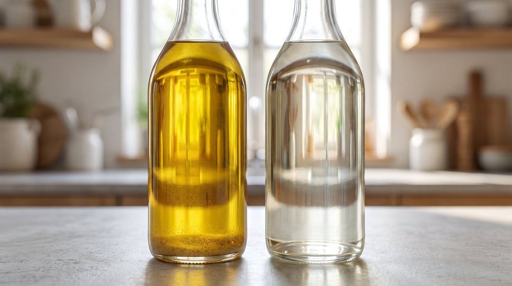 Two unbranded glass bottles of oil side by side, the left cloudy with sediment and the right completely clear.