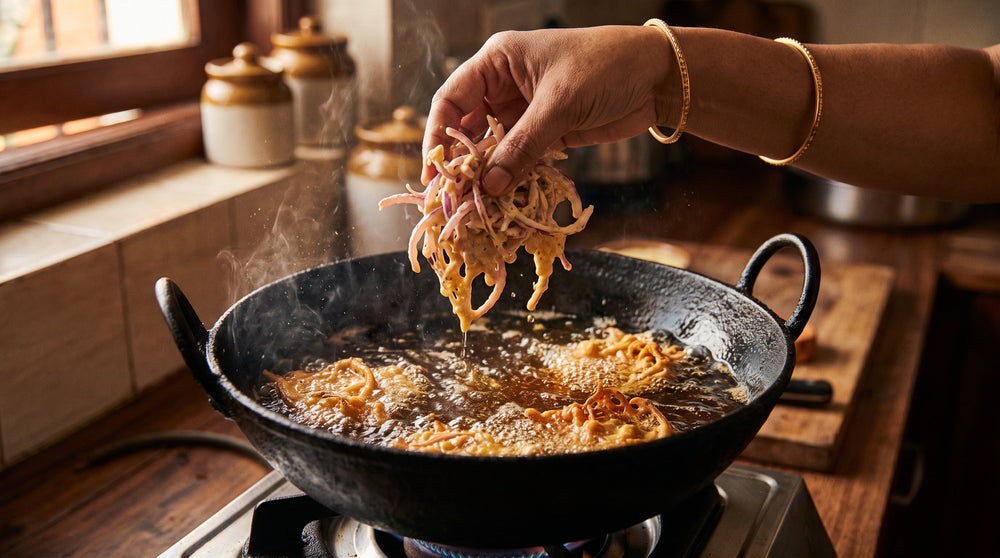 A hand dropping a loose cluster of onion slices coated in besan batter into a cast iron kadhai of hot oil.