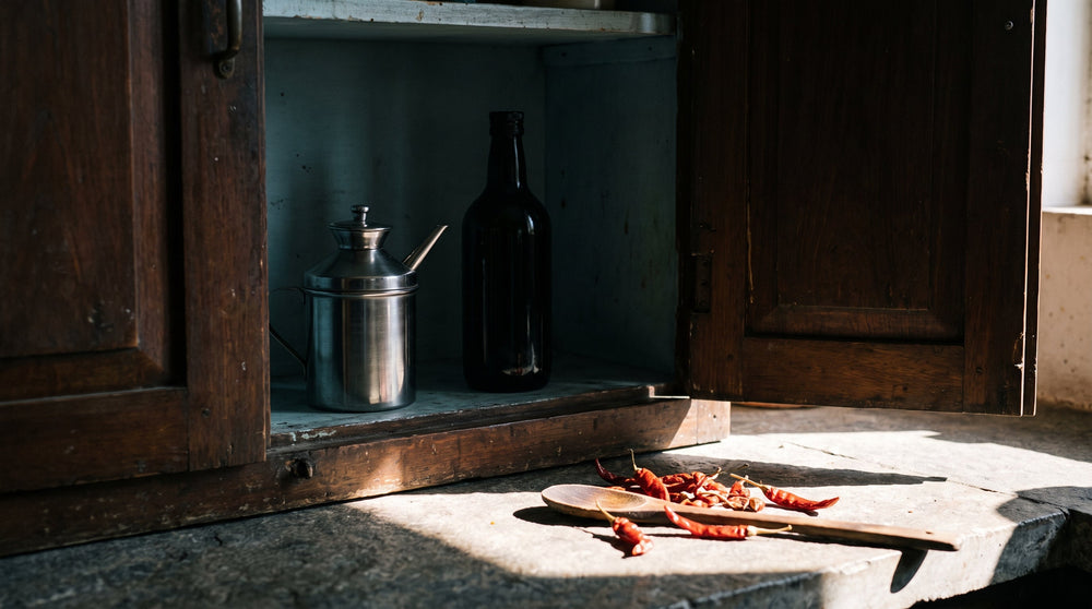 A dark wooden kitchen cupboard holding a steel oil dispenser and a dark glass bottle, beside a sunlit stone counter.