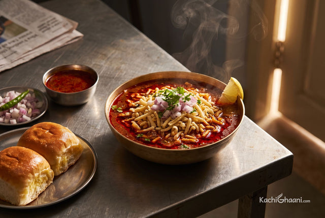 Spicy sprouted matki usal under farsan, onion and lemon, served with soft pav