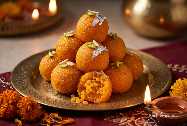 Motichoor Ladoo, eight saffron-orange ladoos made of countless tiny soft boondi pearls
