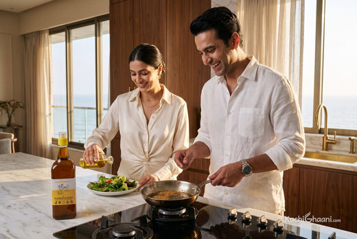 Couple at a marble counter, he makes a tadka in mustard oil as she dresses salad, a mustard oil vs olive oil kitchen