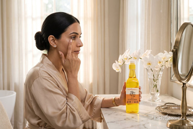 Woman patting a drop of almond oil under her eyes at her dressing table: does almond oil remove dark circles?