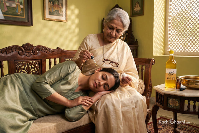 Grandmother letting warm sesame oil drip from a dropper into her granddaughter's ear on a divan, the karna purana way to put oil in ear