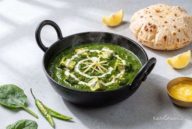 Palak Paneer, vivid deep green spinach gravy with soft white paneer cubes half sunk in it