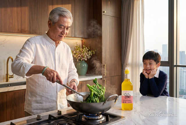 Chinese grandfather stir-frying greens in a wok as his grandson watches, one of the classic groundnut oil uses in China