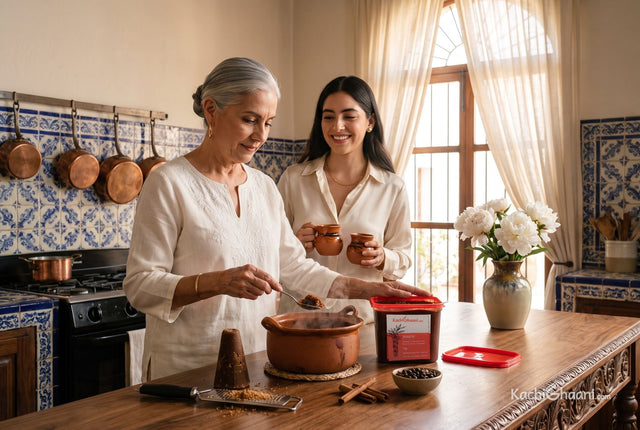 Mexican grandmother spooning jaggery into café de olla beside a dark piloncillo cone in an elegant hacienda kitchen