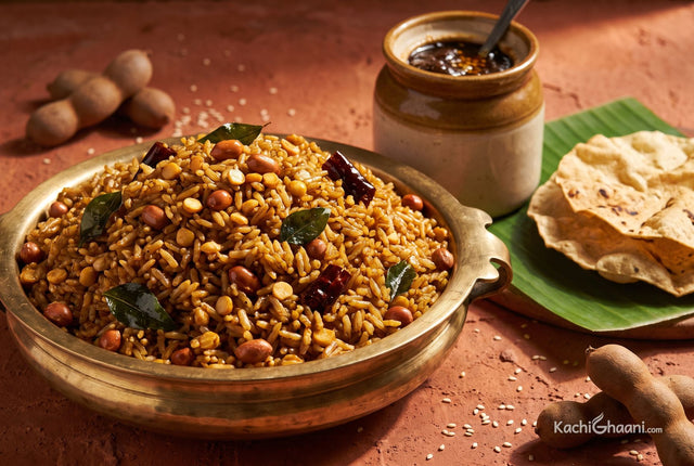 Dark glossy tamarind rice with peanuts and curry leaves, served with crisp papad