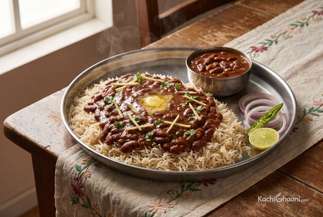 Dark rajma curry ladled over steamed basmati rice in a steel thali