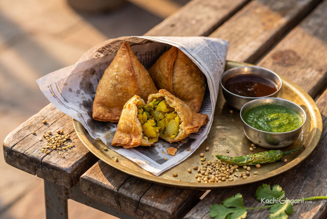 Punjabi Samosa, three large triangular samosas with smooth pale-golden matte shells