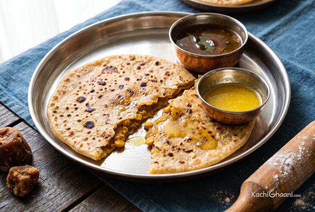 Golden puran poli torn open to show its jaggery dal filling, with melted ghee