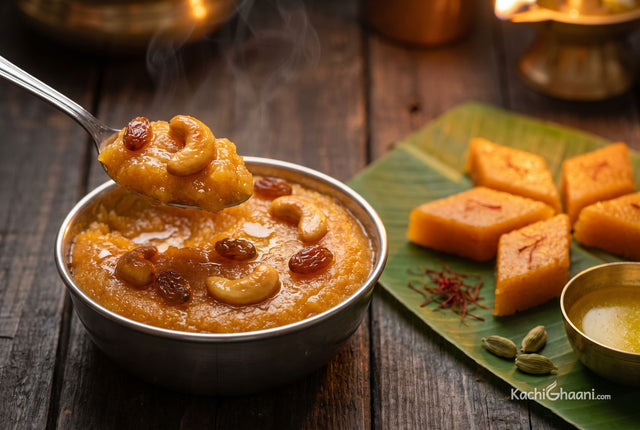 Rava Kesari, a warm saffron-orange rava kesari, soft and glossy