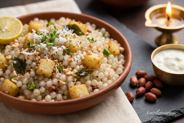 Glassy sabudana pearls with potato cubes and crushed peanuts in a clay bowl
