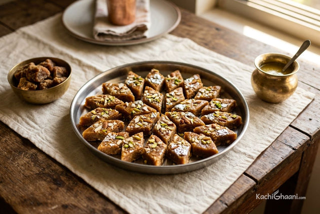 Sukhdi cut into diamonds on a steel thali, topped with almonds and pistachios