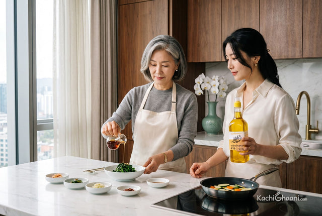 Toasted sesame oil vs sesame oil: a Korean mother finishes namul with dark oil as her daughter cooks with pale oil in Seoul