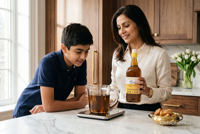 Woman holding mustard oil beside a filled measuring jug on a kitchen scale, checking 1 kg oil in litres as her son watches