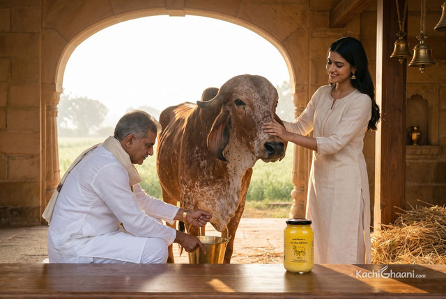 Farmer hand-milking a Gir cow into a brass pail at dawn, a jar of ghee beside him, to explain A1 vs A2 milk and ghee